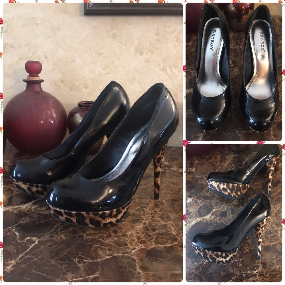 🏷NWOT* BAMBOO Black and Leopard Patent Stilletos
